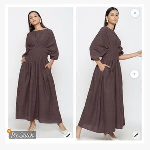 SeamsFriendly Cotton Flax Ankle Length Pleated Flared Dress Brown